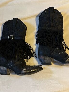 Dan Post Black Fringe Western Ankle Boots with Studs